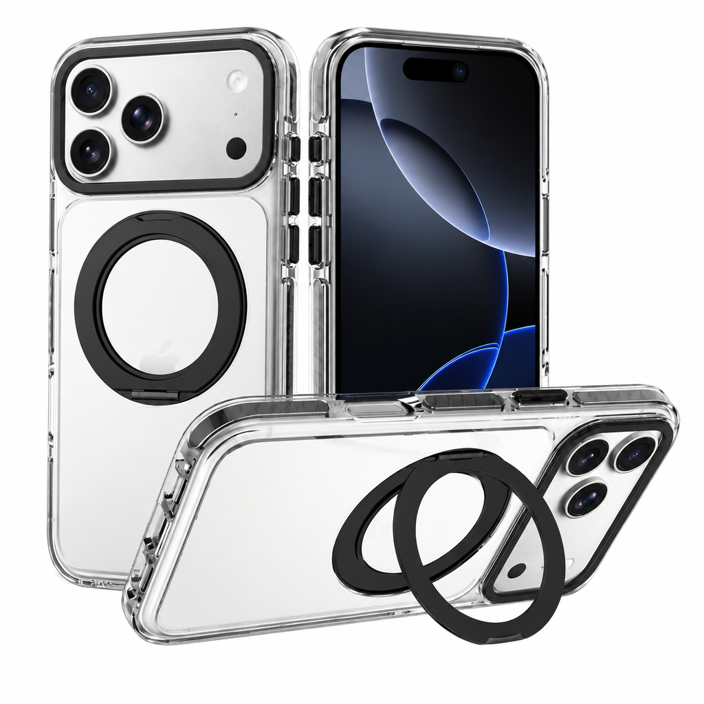 Silicone Anti-Fall Phone Case with Invisible Magnetic Lens Stand Compatible with iPhone 17, 16 & 15 Series, Two-Color Shockproof Cover