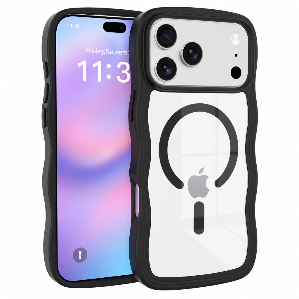 Magnetic Clear Phone Case with Wave Edge Frosted TPU 2-in-1 Protective Back Cover for iPhone 16 15 14 Series