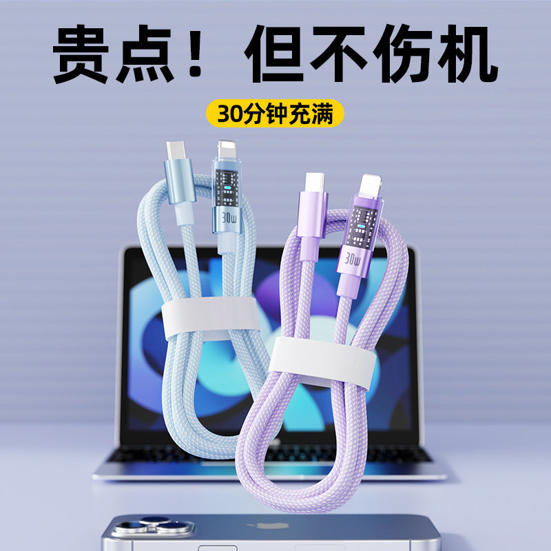 60W PD Fast Charging Braided USB-C Cable with Transparent LED Indicator Light, Macaron Colors Phone Charging Cord