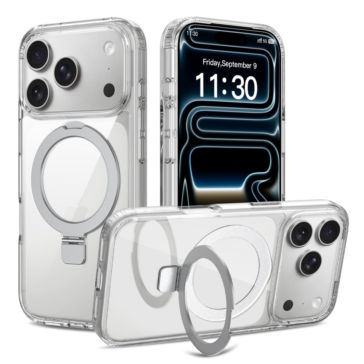 Magnetic Clear Phone Case with Airbag Stand Holder for iPhone 17 Air, Transparent TPU Shockproof Anti-Fingerprint Protective Cover