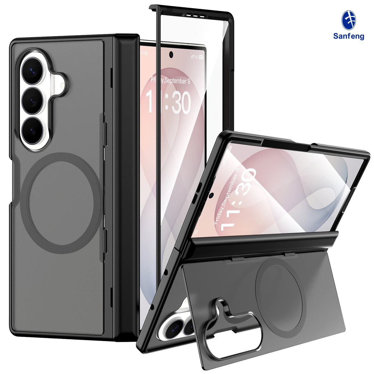 Magnetic Foldable Phone Case for Samsung Galaxy Z Fold with Built-in Spring Kickstand, Shockproof Silicone Protective Cover