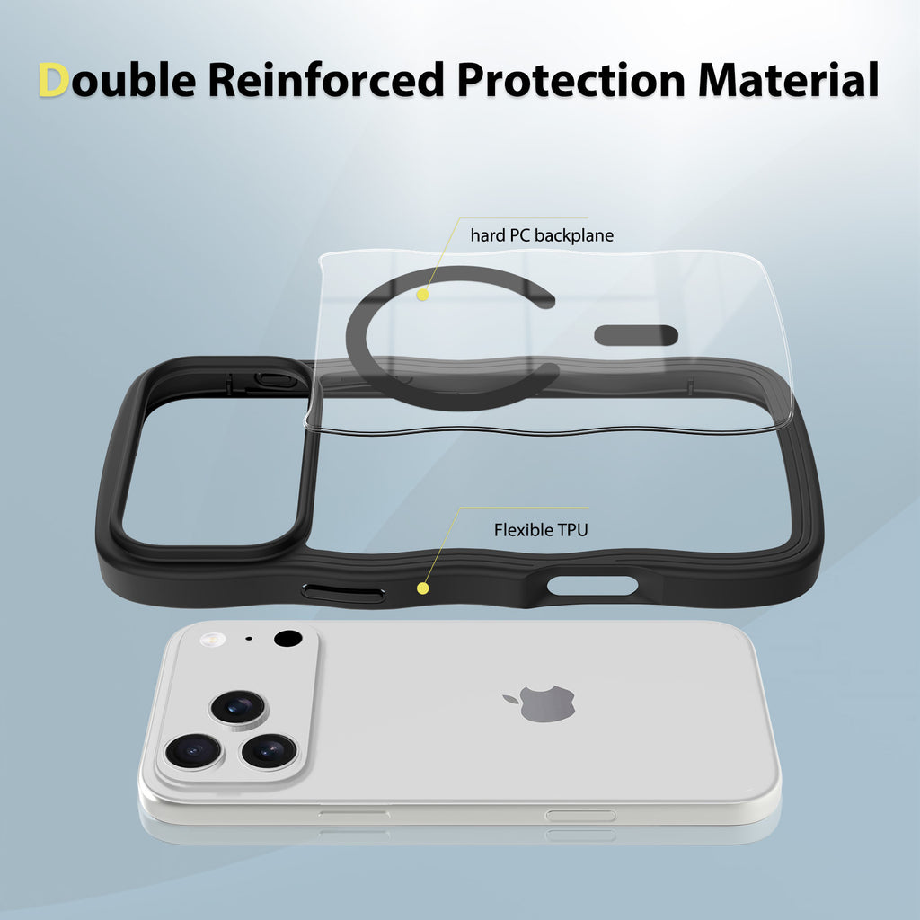 Magnetic Clear Phone Case with Wave Edge Frosted TPU 2-in-1 Protective Back Cover for iPhone 16 15 14 Series