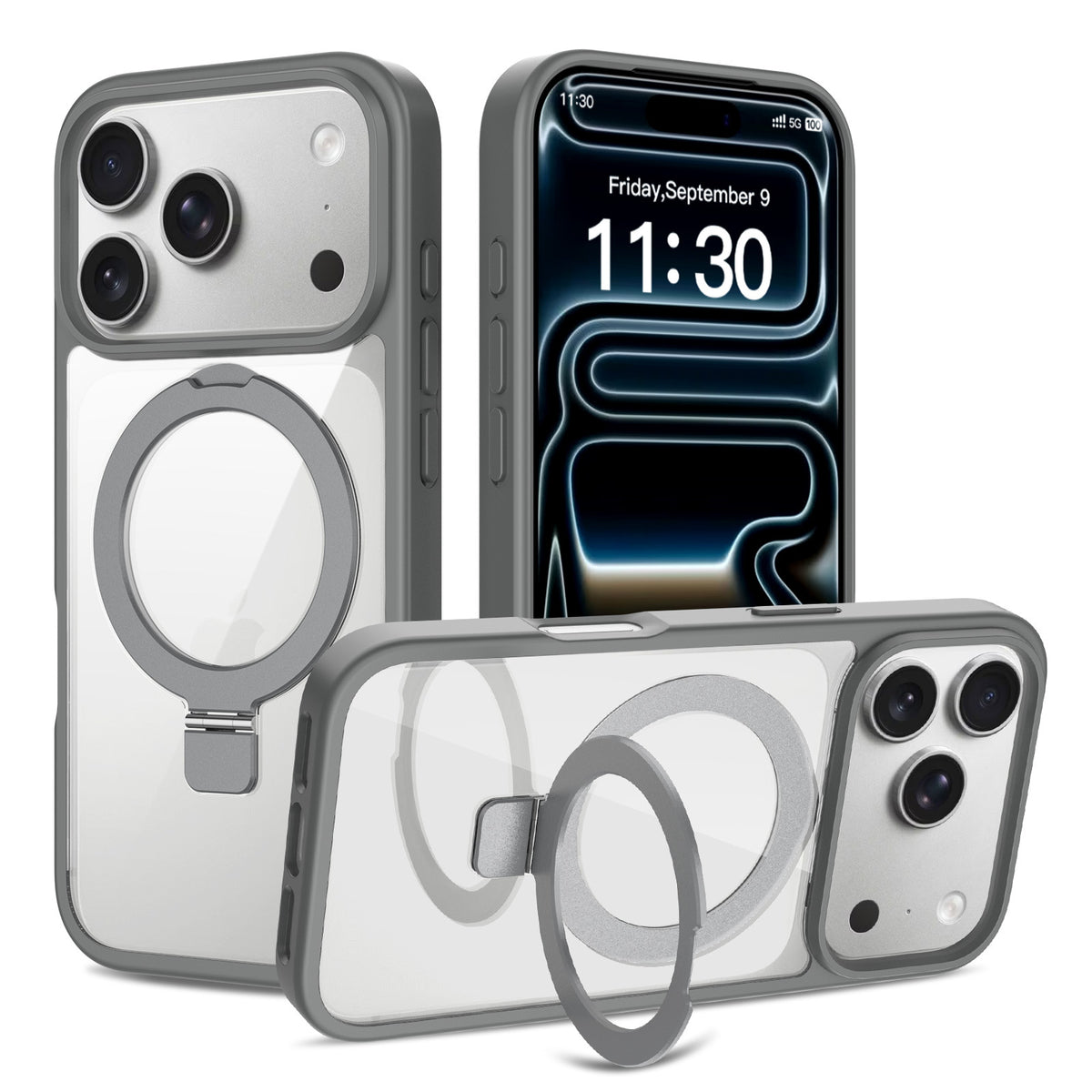 Transparent Magnetic Case with Kickstand for iPhone 17 Series, Shockproof Airbag TPU Cover with Anti-Fingerprint Finish (Clear + Orange)