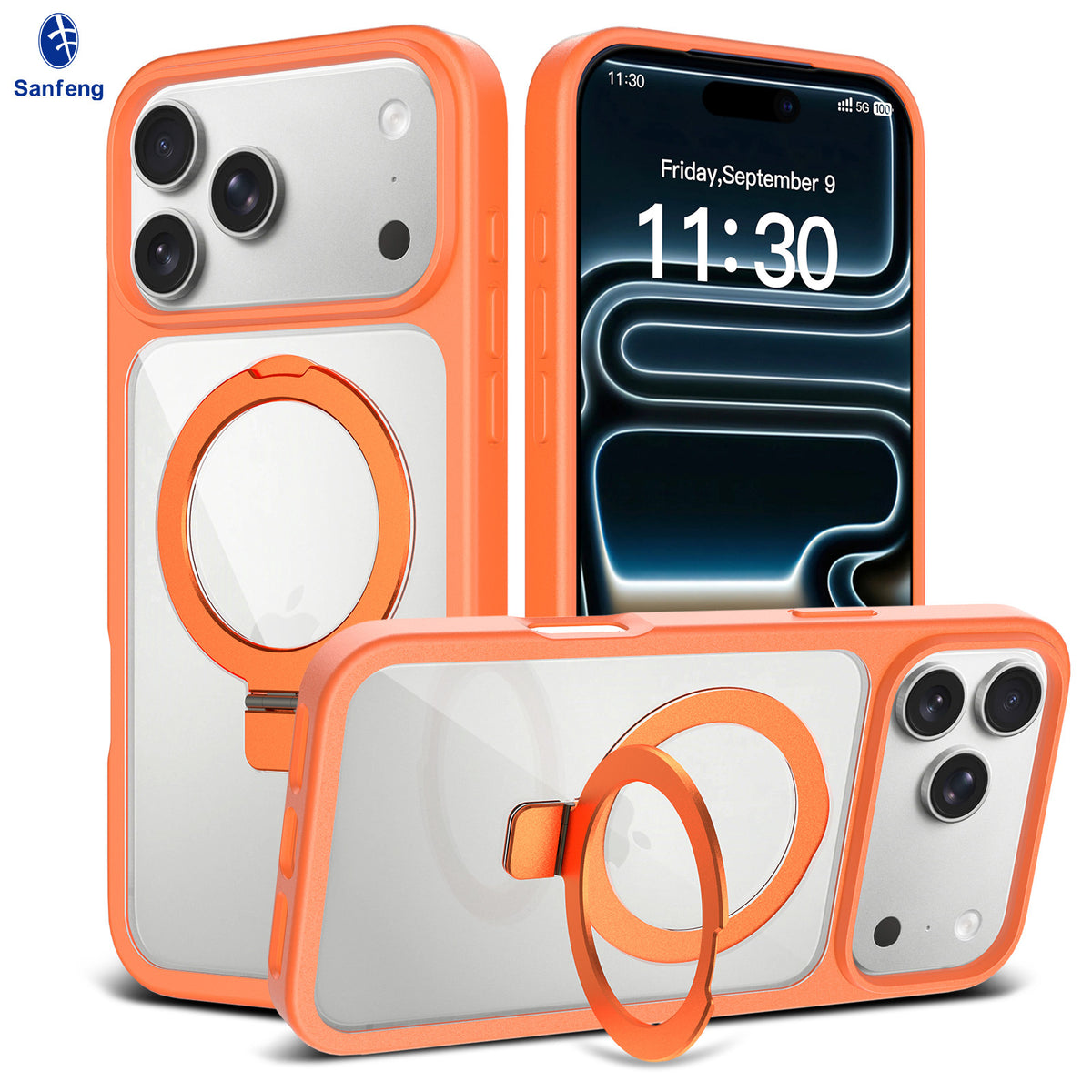 Transparent Magnetic Case with Kickstand for iPhone 17 Series, Shockproof Airbag TPU Cover with Anti-Fingerprint Finish (Clear + Orange)
