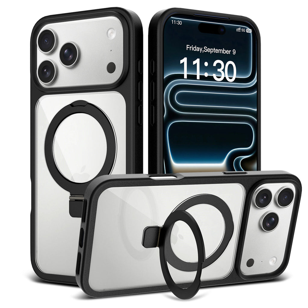 Transparent Magnetic Case with Kickstand for iPhone 17 Series, Shockproof Airbag TPU Cover with Anti-Fingerprint Finish (Clear + Orange)