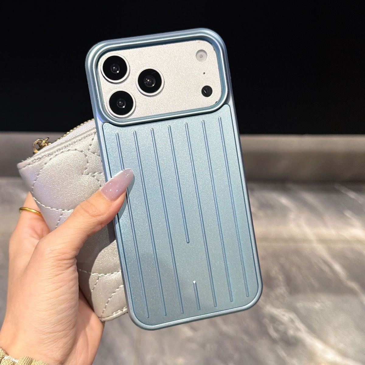 Metallic Stripe Suitcase Hard PC Case for iPhone 16 15 14 13 12 Pro Max Shockproof Anti-Drop Full Cover