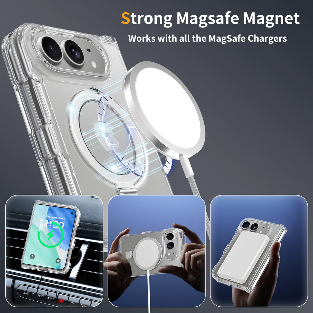 Transparent Magnetic Phone Case for iPhone 18 with Integrated Rotating Folding Stand, Shockproof Clear TPU Protective Cover