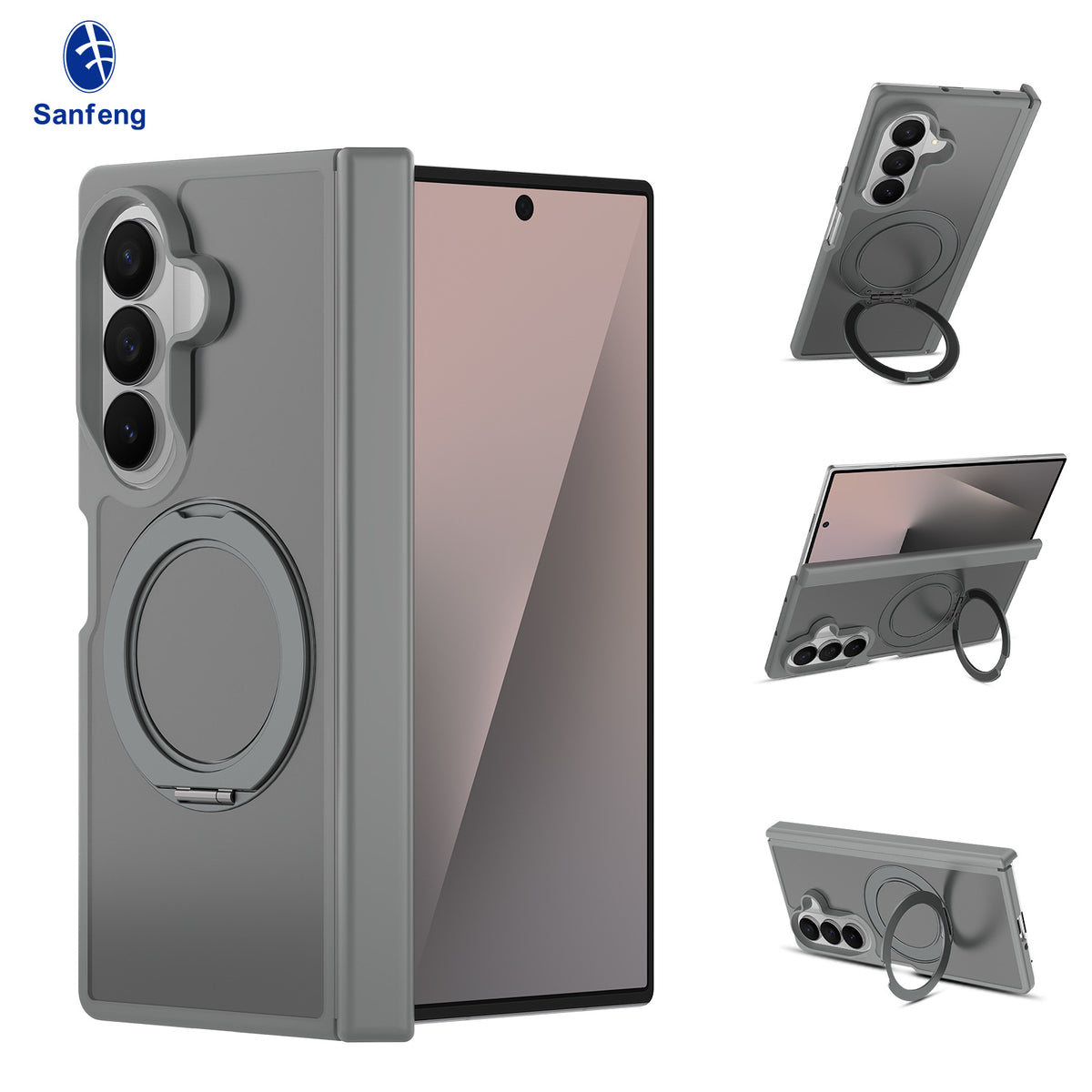 Sanfeng Magnetic Case Compatible with Samsung Galaxy Fold, 360-Degree Rotating Ring Stand Anti-Drop Matte Silicone Protective Cover