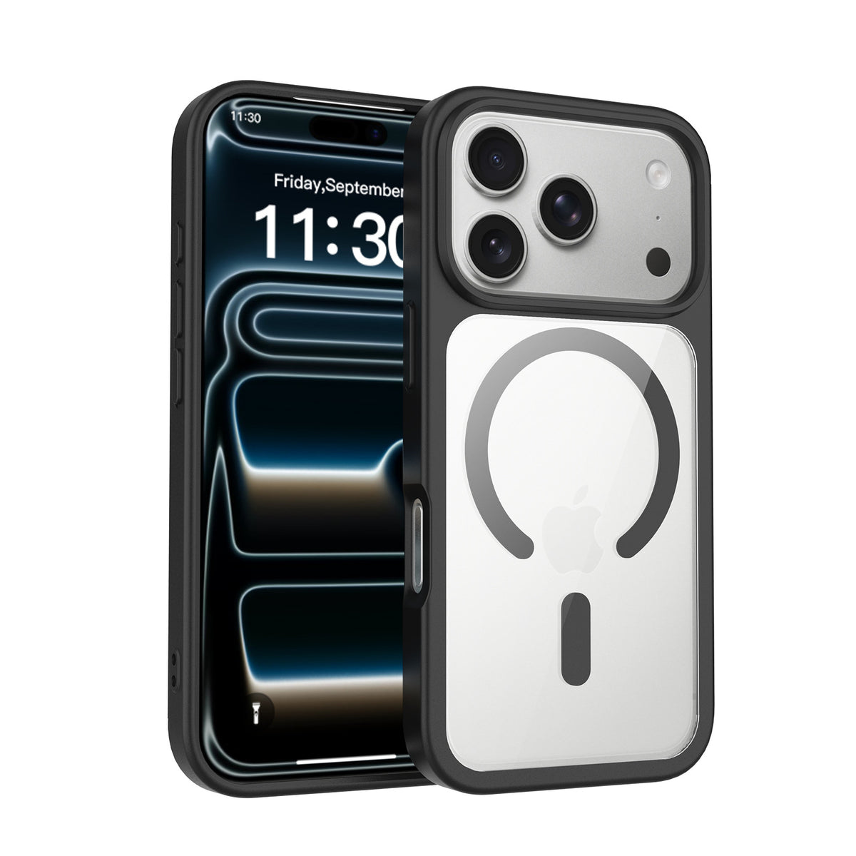 Magnetic Frosted Translucent Phone Case Compatible with iPhone, Shockproof TPU Anti-Fingerprint Protective Cover (Black + Transparent)
