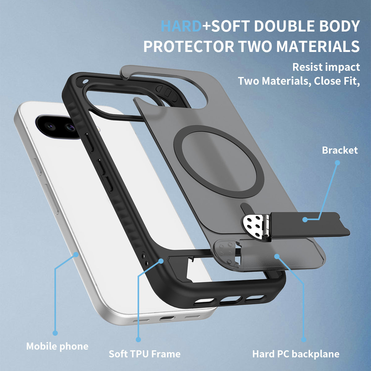 Magnetic Kickstand Phone Case, Frosted Matte 2-in-1 TPU+PC Shockproof Protective Cover with Invisible Bracket and Anti-Fingerprint Finish
