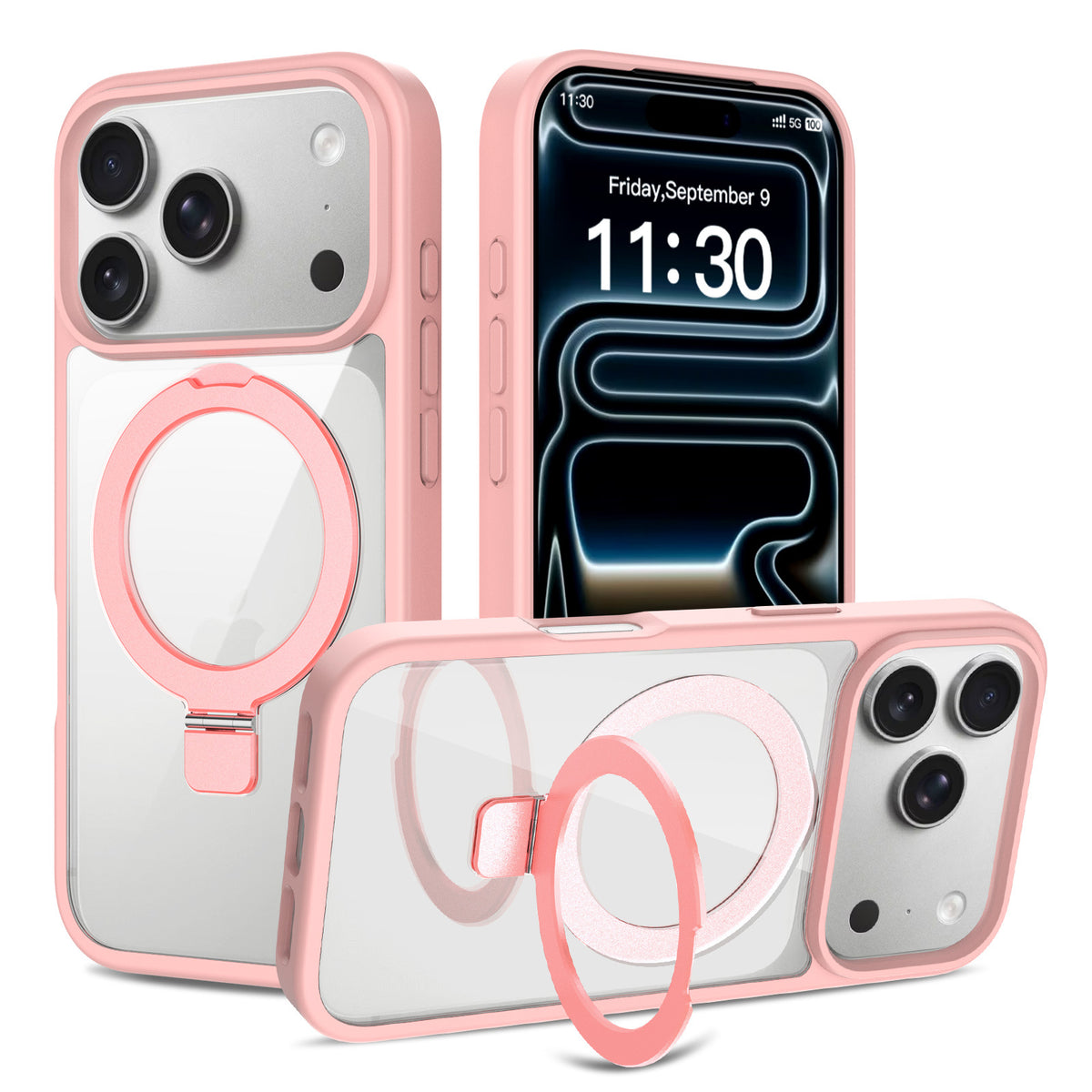 Transparent Magnetic Case with Kickstand for iPhone 17 Series, Shockproof Airbag TPU Cover with Anti-Fingerprint Finish (Clear + Orange)