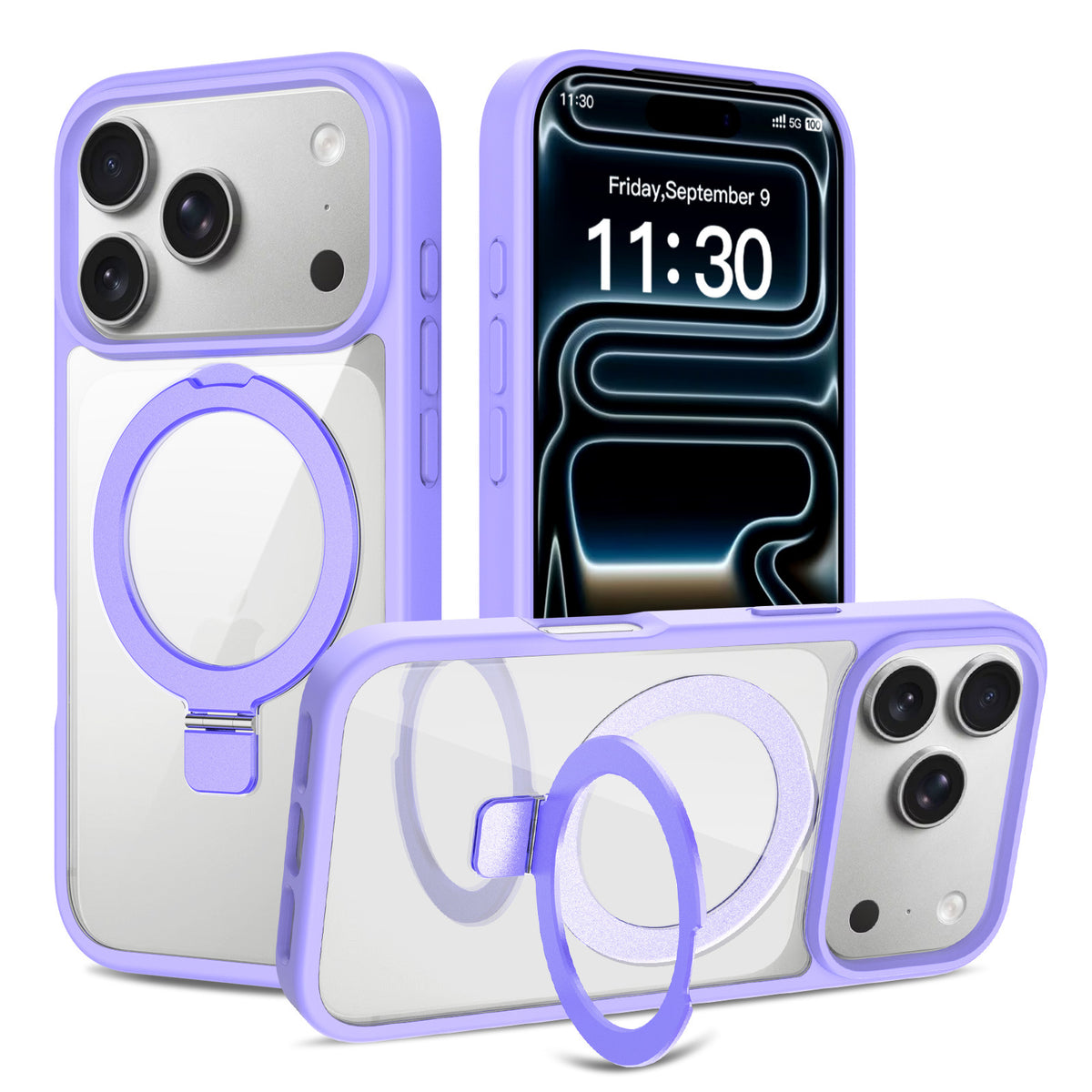 Transparent Magnetic Case with Kickstand for iPhone 17 Series, Shockproof Airbag TPU Cover with Anti-Fingerprint Finish (Clear + Orange)