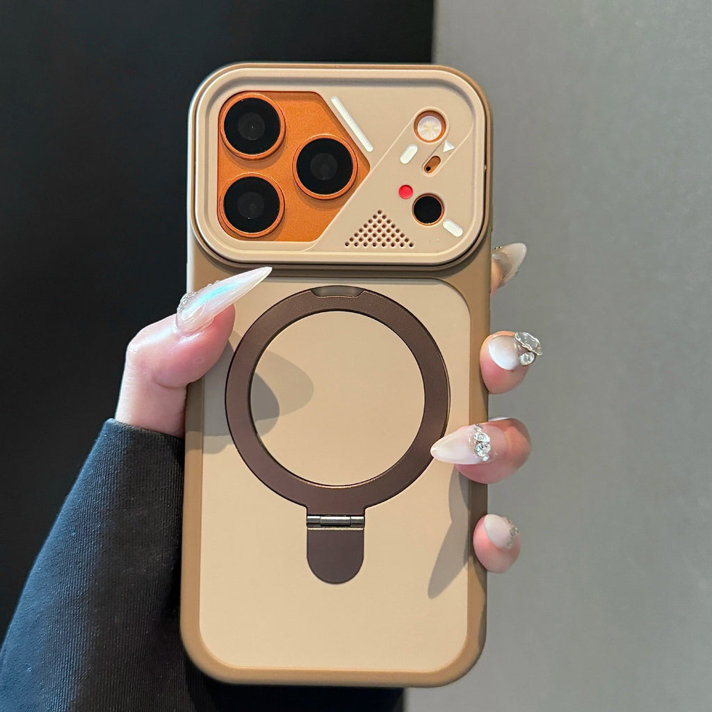 Magnetic Kickstand Matte Phone Case with Mecha Lens Frame for iPhone 17 Pro Max, 17, 16, 15, 14, 13, Shockproof Hard PC Cover