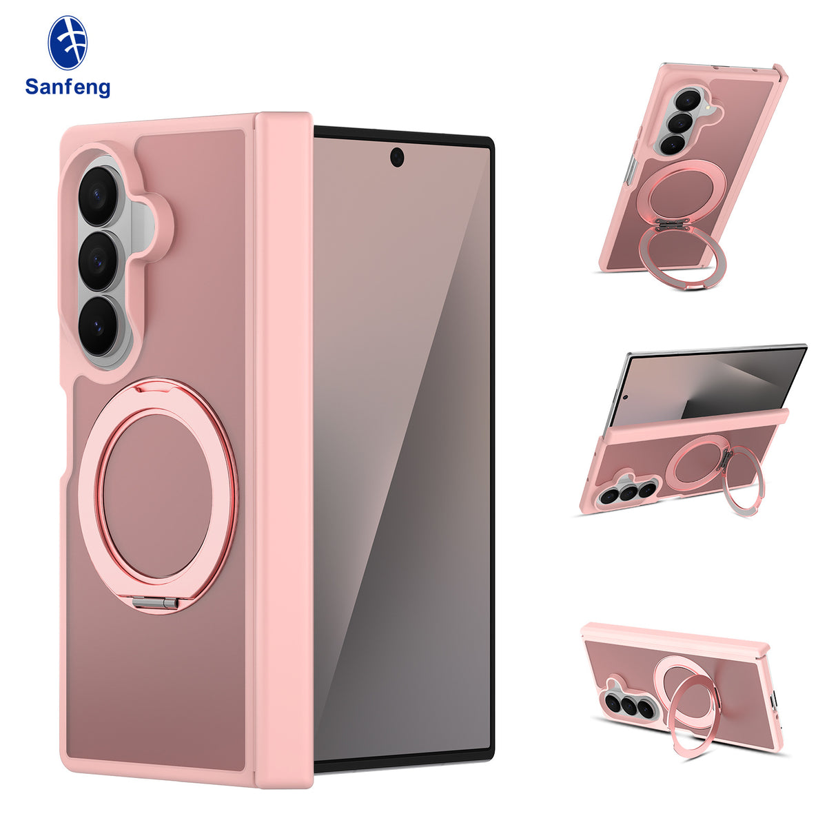 Sanfeng Magnetic Case Compatible with Samsung Galaxy Fold, 360-Degree Rotating Ring Stand Anti-Drop Matte Silicone Protective Cover