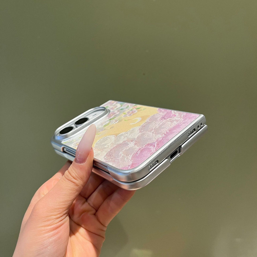 Ins-Style Floral Phone Case Compatible with iPhone, Oil Painting Moon Flowers Matte PC Protective Cover