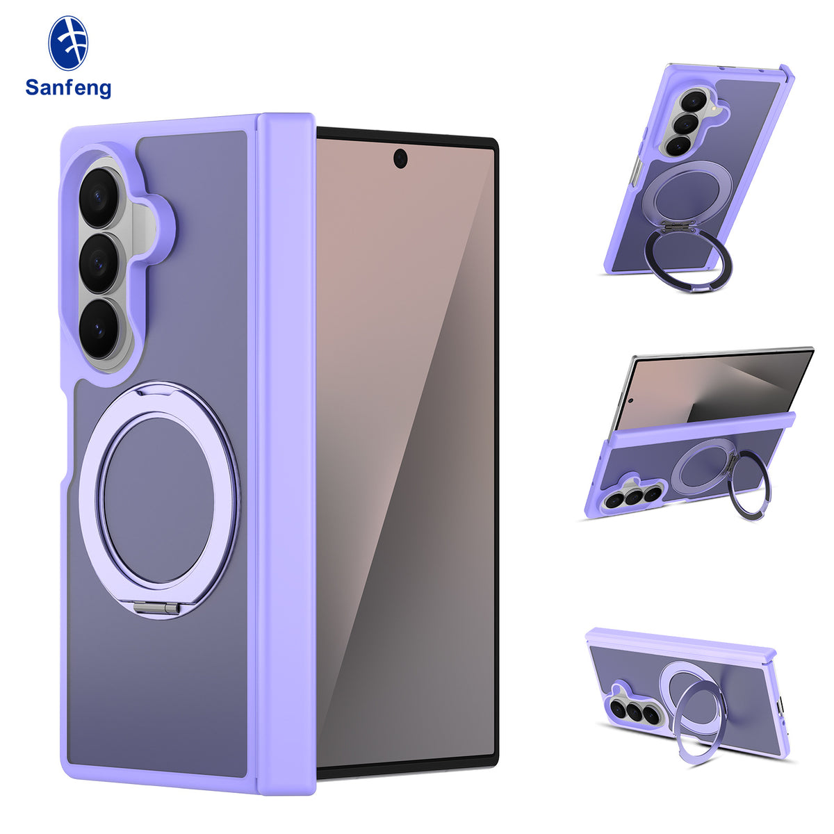 Sanfeng Magnetic Case Compatible with Samsung Galaxy Fold, 360-Degree Rotating Ring Stand Anti-Drop Matte Silicone Protective Cover