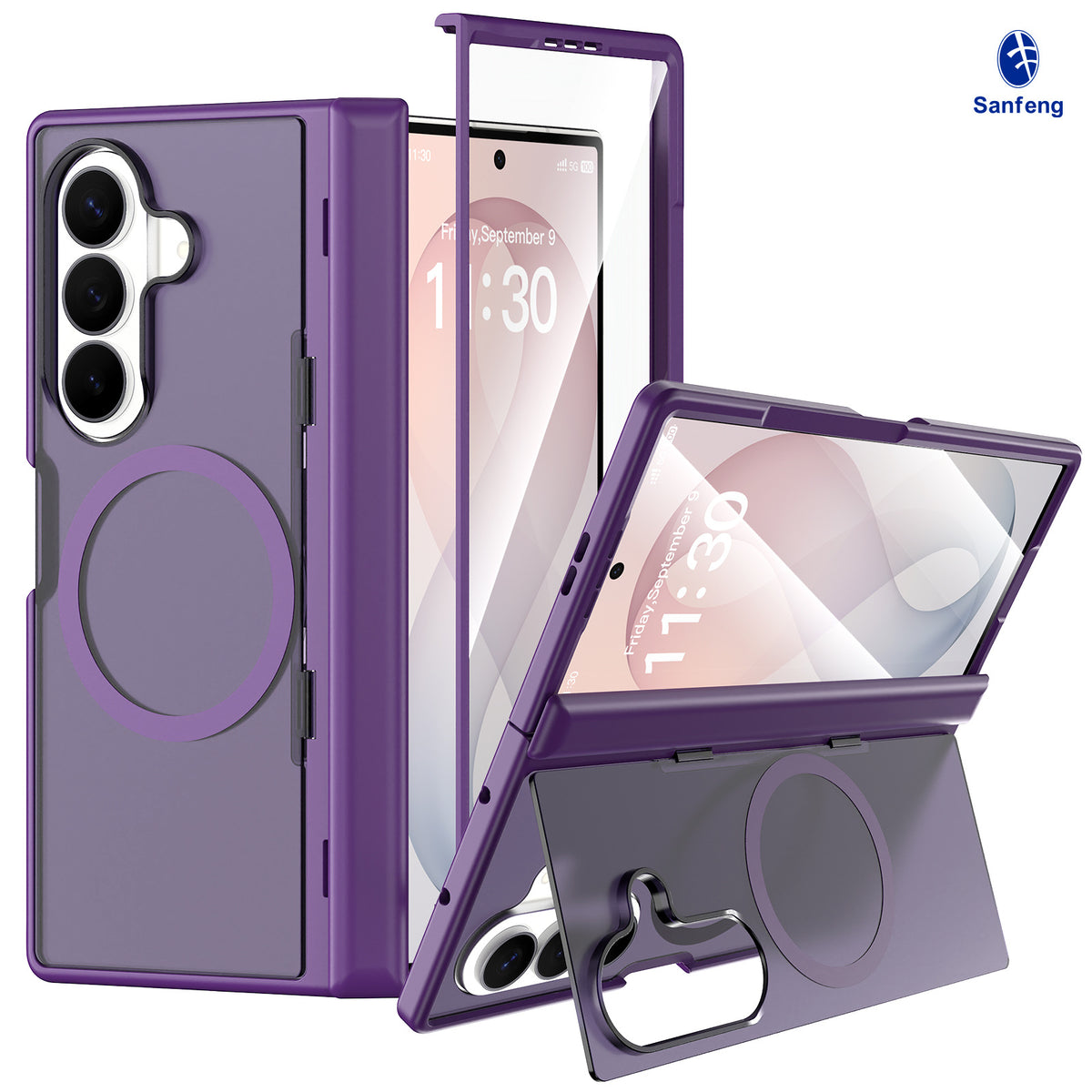 Magnetic Foldable Phone Case for Samsung Galaxy Z Fold with Built-in Spring Kickstand, Shockproof Silicone Protective Cover