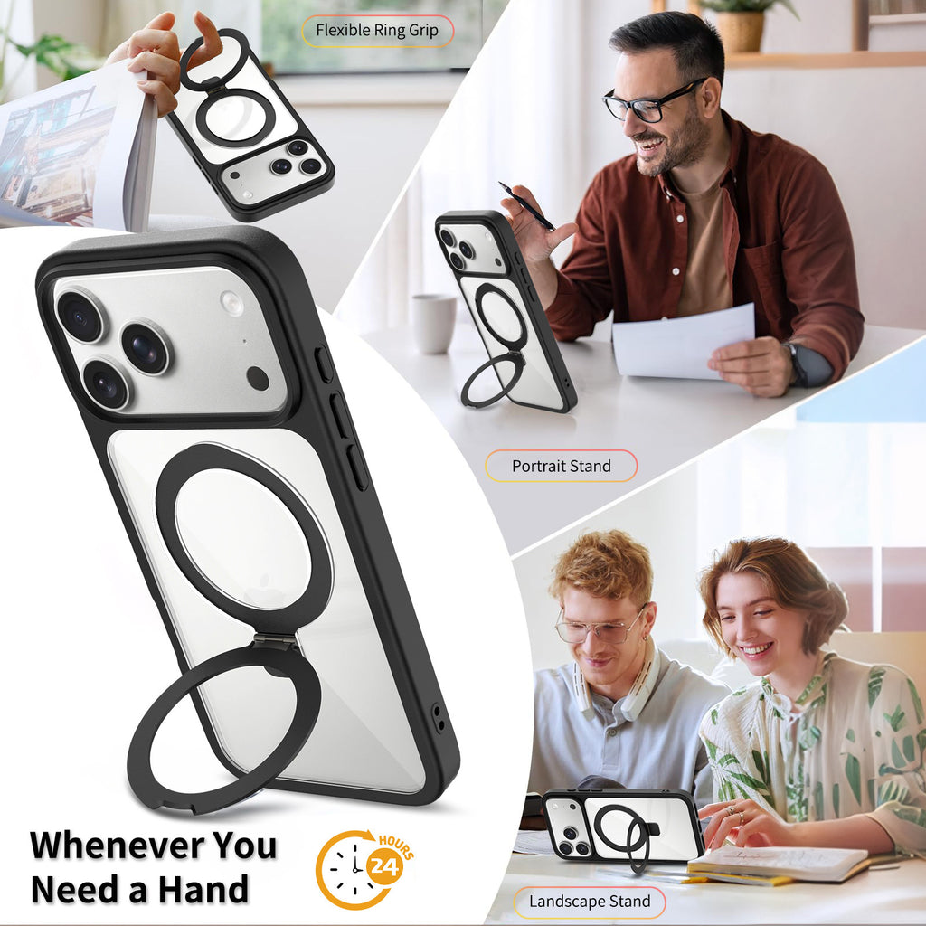 Transparent Magnetic Case with Kickstand for iPhone 17 Series, Shockproof Airbag TPU Cover with Anti-Fingerprint Finish (Clear + Orange)