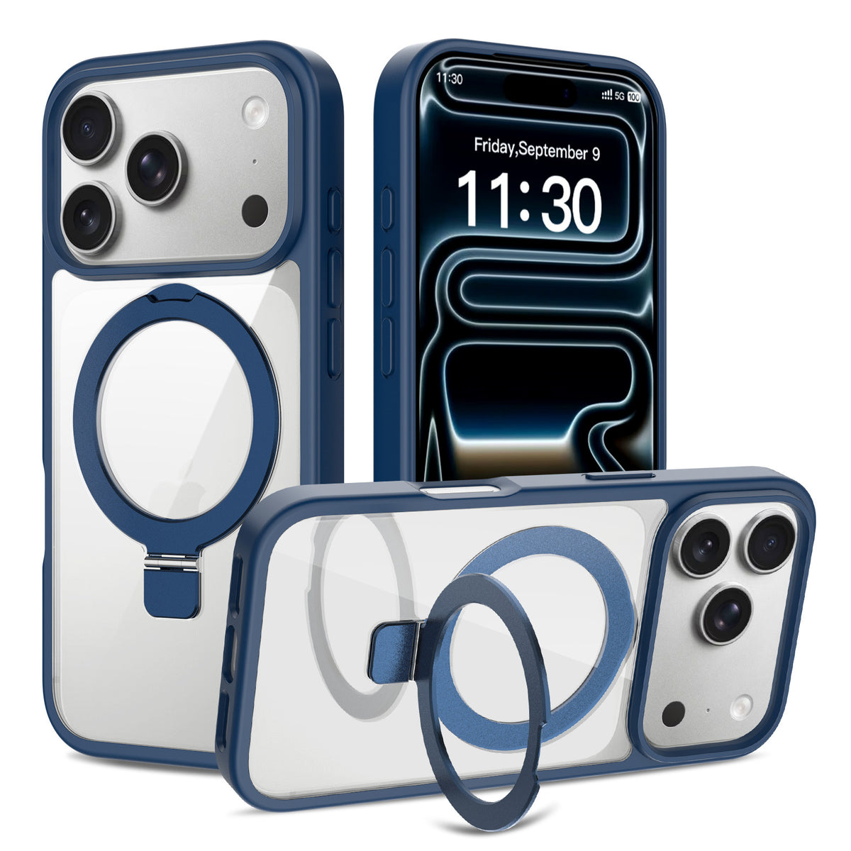 Transparent Magnetic Case with Kickstand for iPhone 17 Series, Shockproof Airbag TPU Cover with Anti-Fingerprint Finish (Clear + Orange)