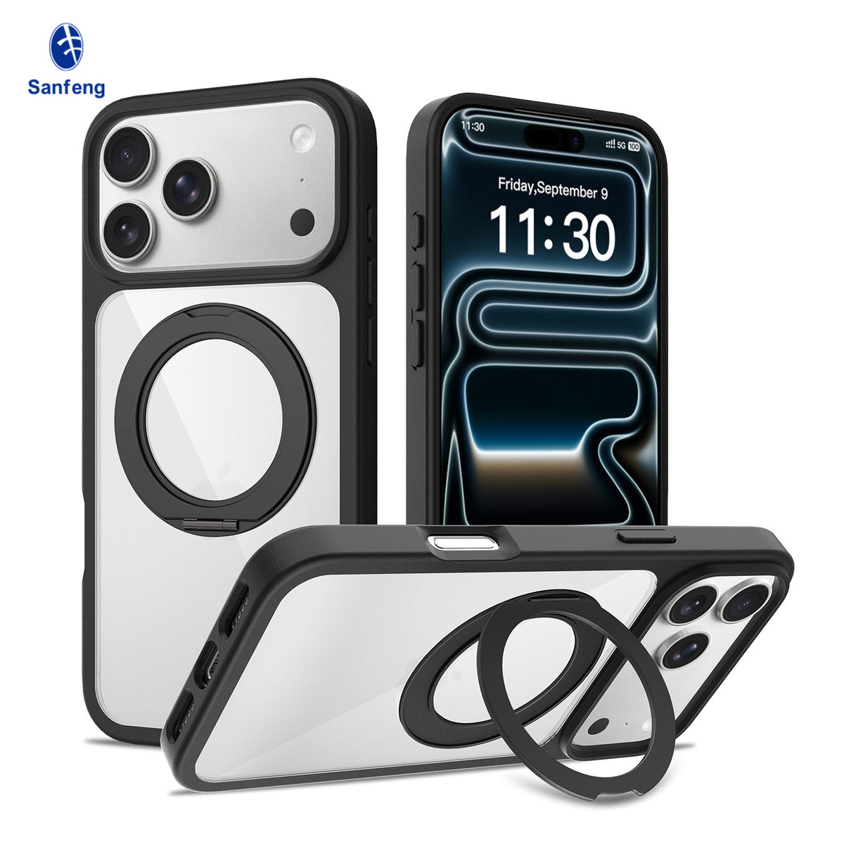 Sanfeng Magnetic Phone Case with 360-Degree Rotating Stand, Shockproof Anti-Fall Protective Cover for iPhone 16 Pro Max & iPhone 17 Series