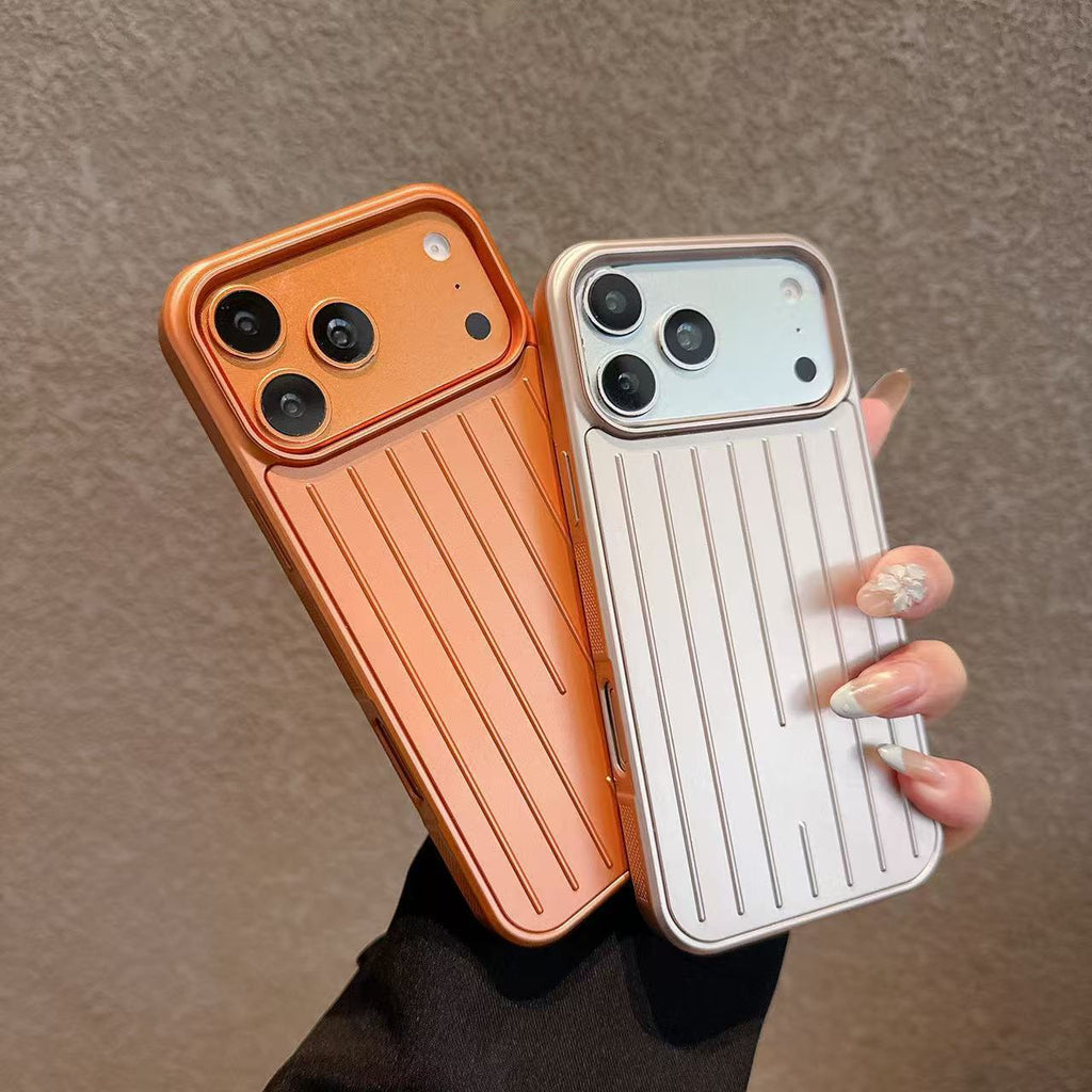 Metallic Stripe Suitcase Hard PC Case for iPhone 16 15 14 13 12 Pro Max Shockproof Anti-Drop Full Cover