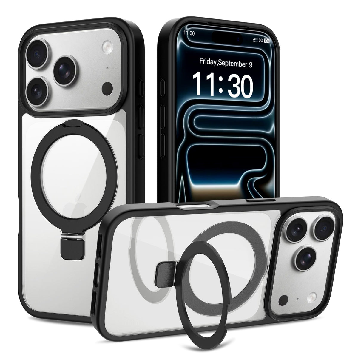 Transparent Magnetic Case with Kickstand for iPhone 17 Series, Shockproof Airbag TPU Cover with Anti-Fingerprint Finish (Clear + Orange)