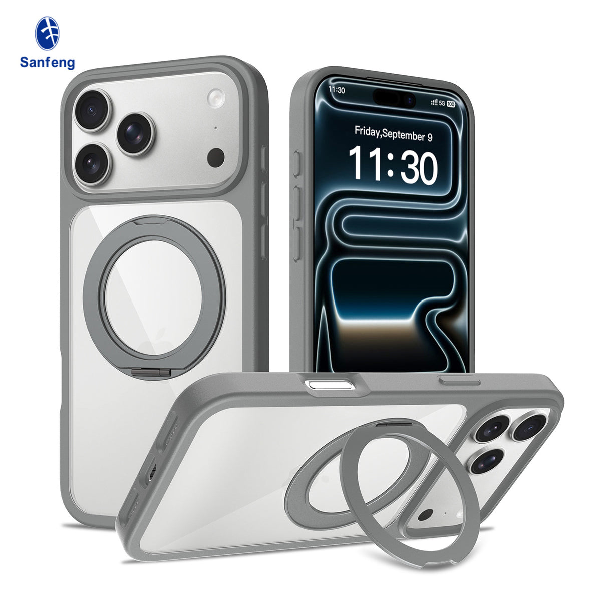 Sanfeng Magnetic Phone Case with 360-Degree Rotating Stand, Shockproof Anti-Fall Protective Cover for iPhone 16 Pro Max & iPhone 17 Series