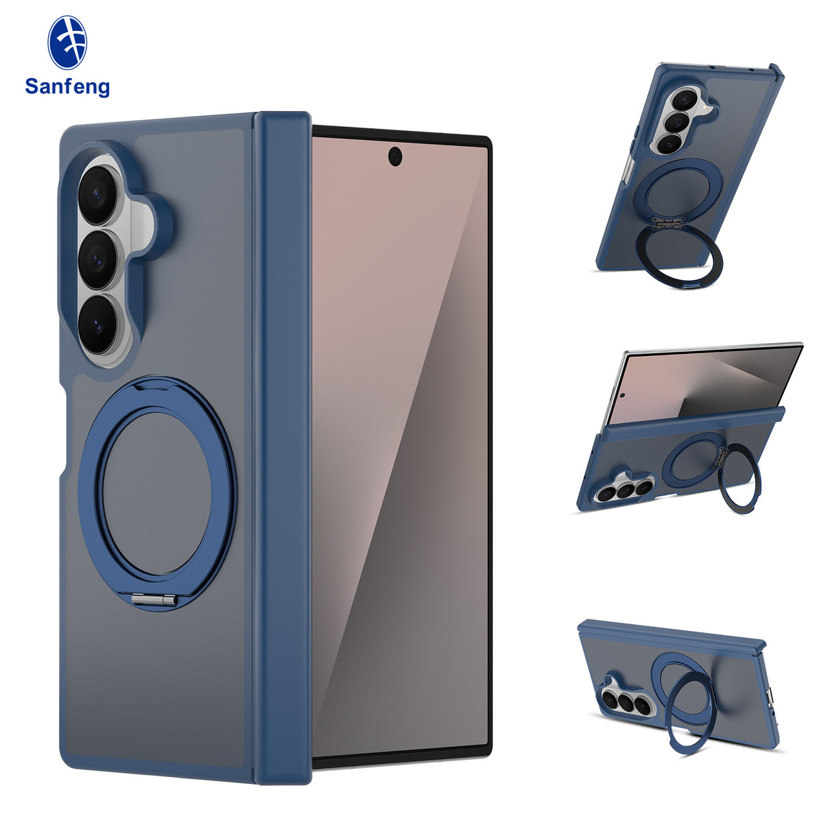 Sanfeng Magnetic Case Compatible with Samsung Galaxy Fold, 360-Degree Rotating Ring Stand Anti-Drop Matte Silicone Protective Cover