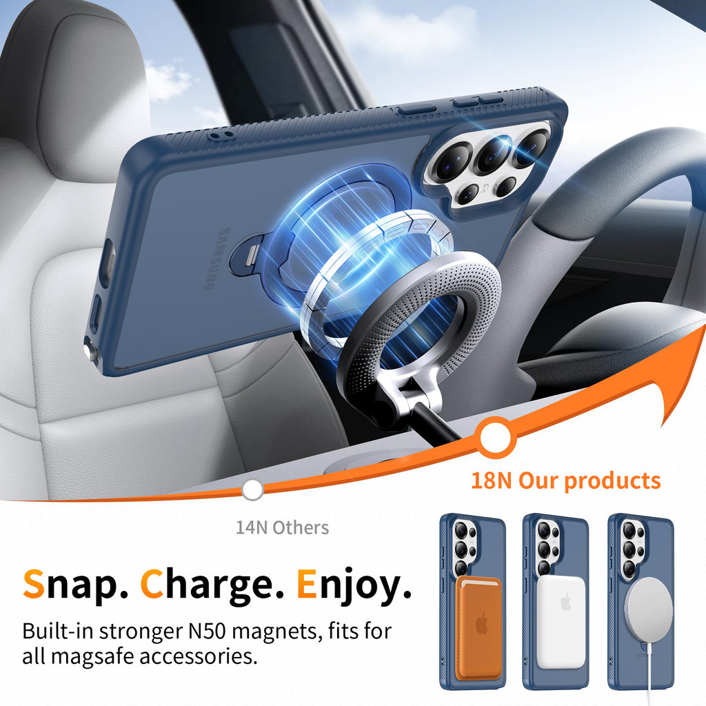 Magnetic Matte Case with Rotating Invisible Stand for Samsung Galaxy S25 S24 S23 Ultra Plus, Anti-Fingerprint TPU Protective Cover