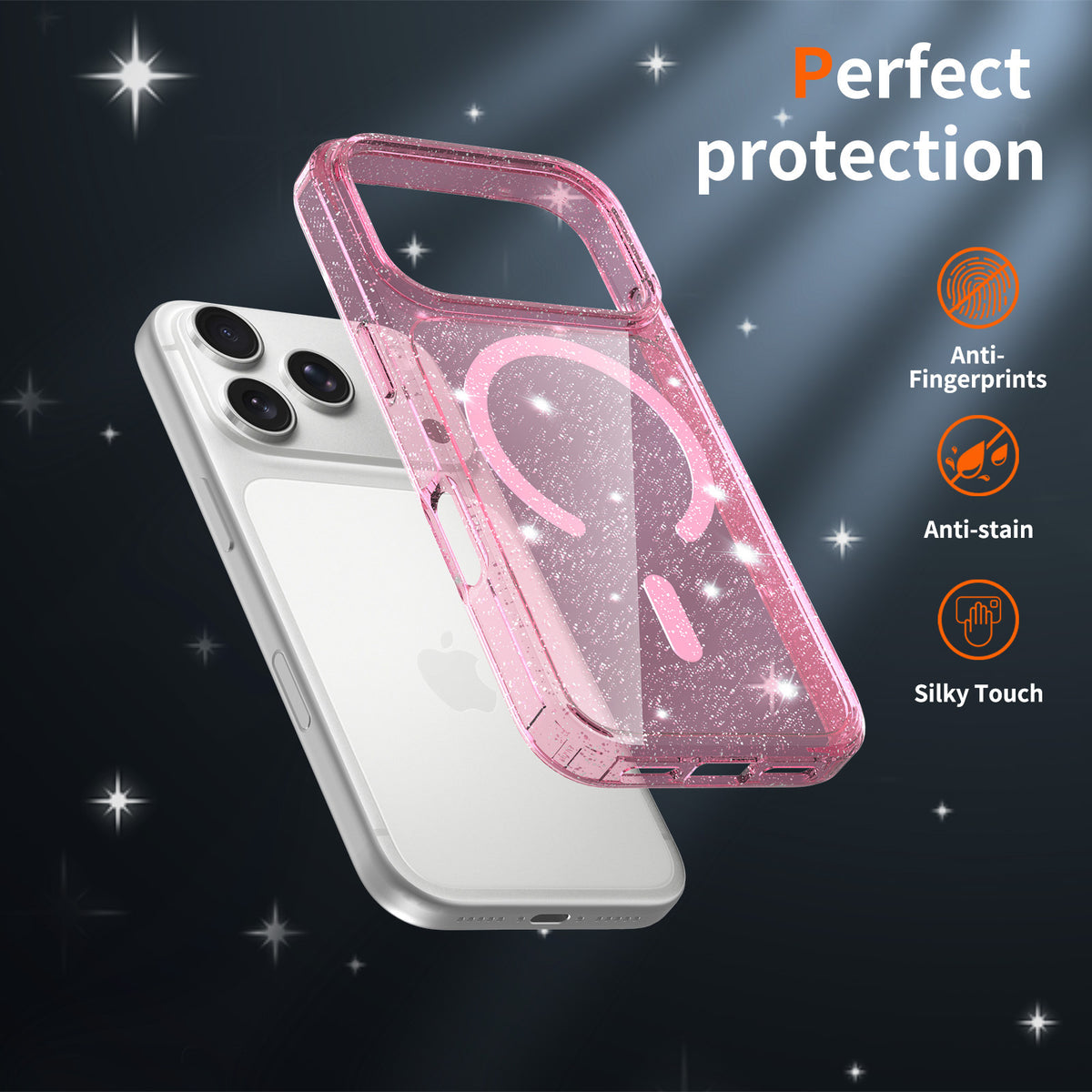 Sanfeng Glitter Clear Shockproof Case for iPhone 16 / 17 Pro / 15 Pro Max, High Transparency Acrylic Anti-Fall Protective Cover