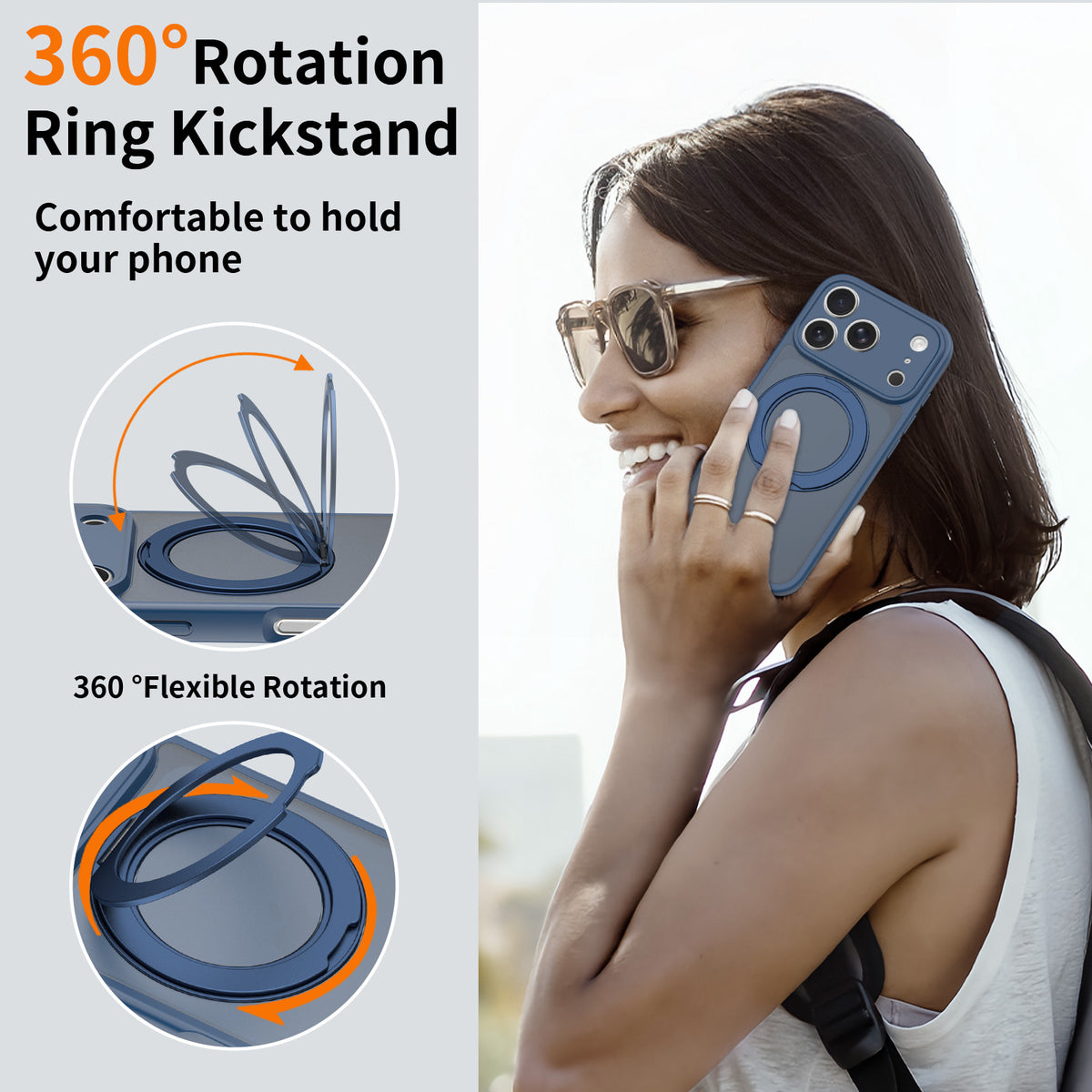 Magnetic Phone Case with 360-Degree Rotating Stand, Airbag Anti-Drop Silicone Protective Cover - Orange