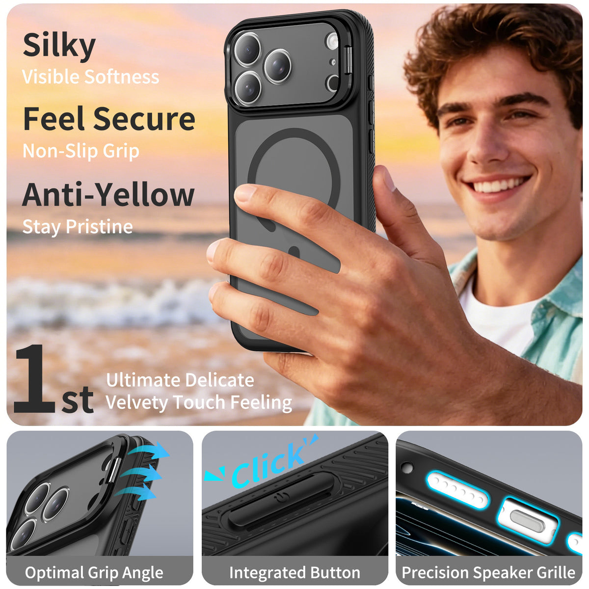Magnetic Lens Holder Phone Case with Airbag Drop Protection, Anti-Fingerprint TPU Skin-Feel Cover for iPhone 16 & 17 Series