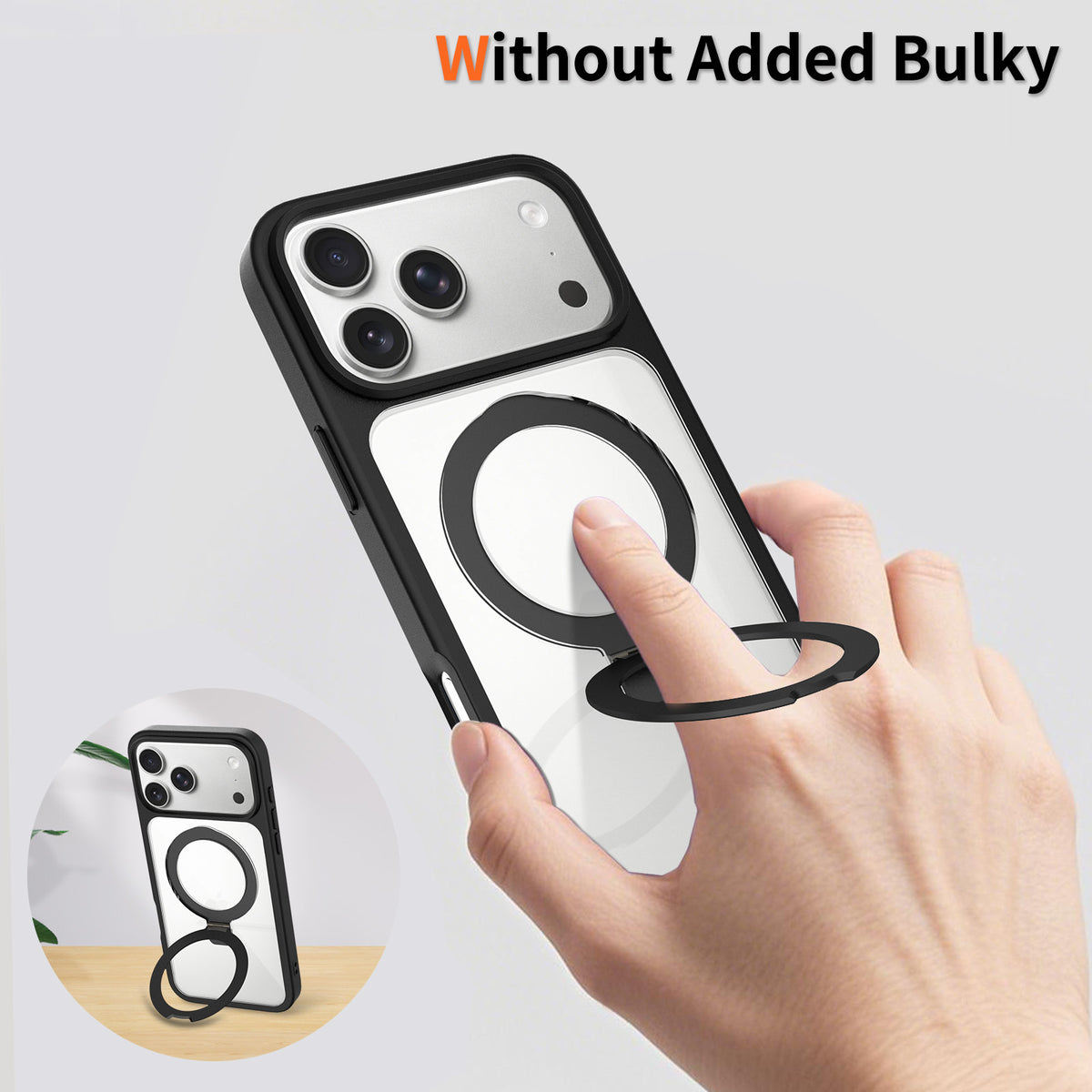 Transparent Magnetic Case with Kickstand for iPhone 17 Series, Shockproof Airbag TPU Cover with Anti-Fingerprint Finish (Clear + Orange)