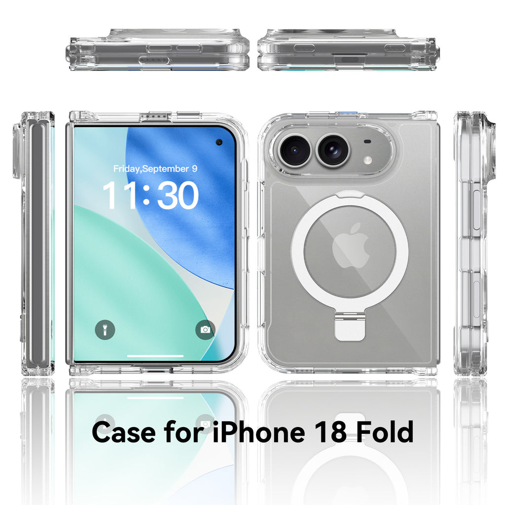 Transparent Magnetic Phone Case for iPhone 18 with Integrated Rotating Folding Stand, Shockproof Clear TPU Protective Cover
