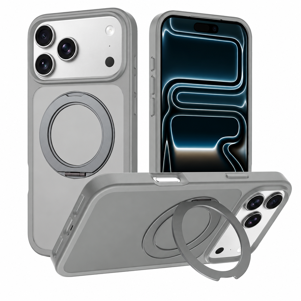 Matte Magnetic Phone Case with 360-Degree Rotating Invisible Stand, Shockproof Protective Silicone Cover for iPhone 15, 16 & 17 Series