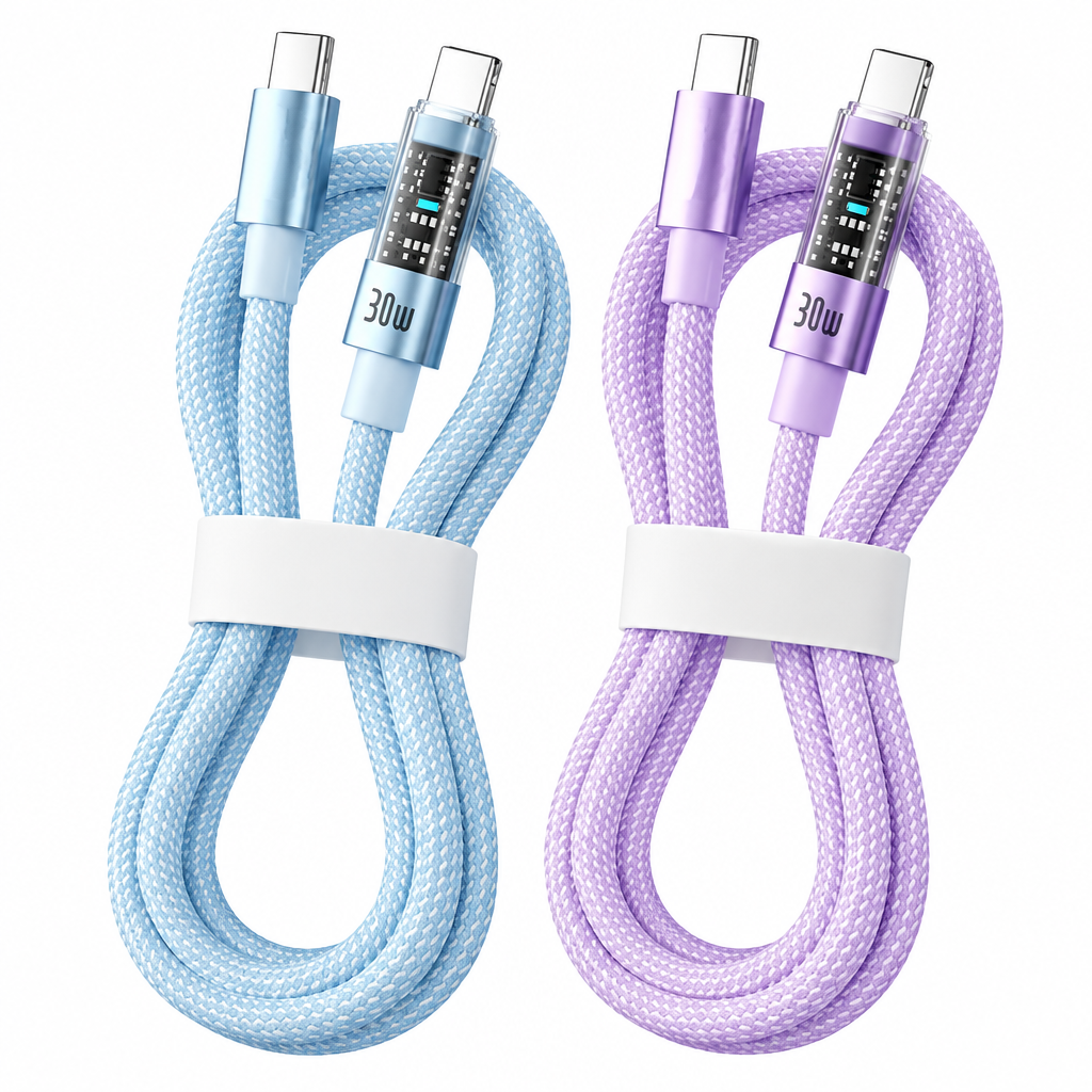 60W PD Fast Charging Braided USB-C Cable with Transparent LED Indicator Light, Macaron Colors Phone Charging Cord
