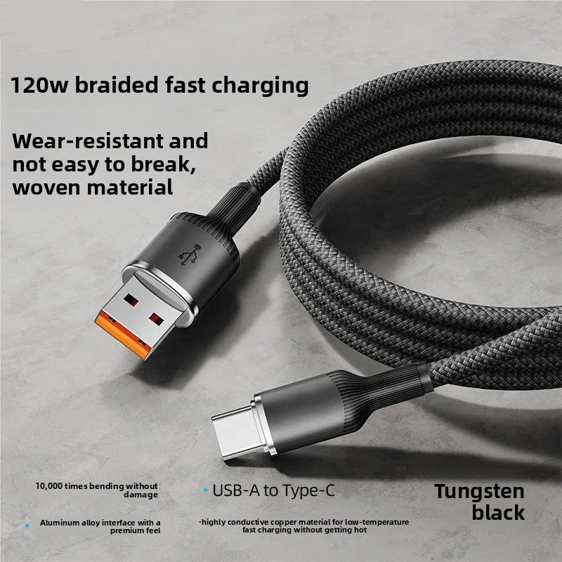 100W Fast Charging Type-C Braided Cable, PD Super Fast Charger Cord (1m / 1.5m / 2m) for Type-C Smartphones - Black